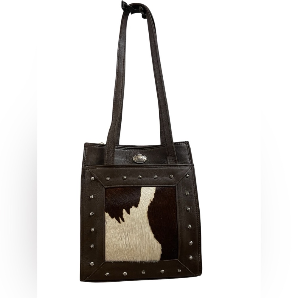 American West Women's Vintage Western Leather Cowtown Cowhide Studded Brown Bag
